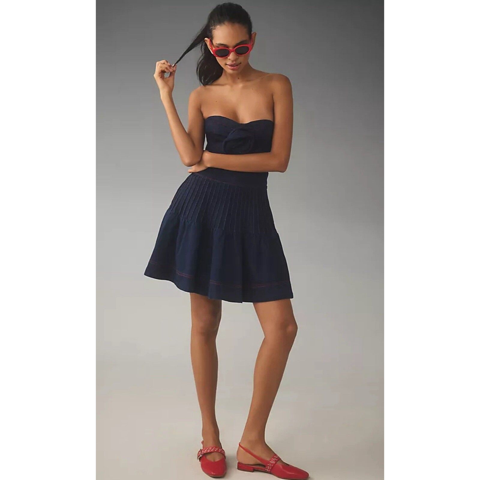 Anthropologie Maeve Mini Dress Denim Rosette Strapless Fit Flare Vacay 10 Nwt